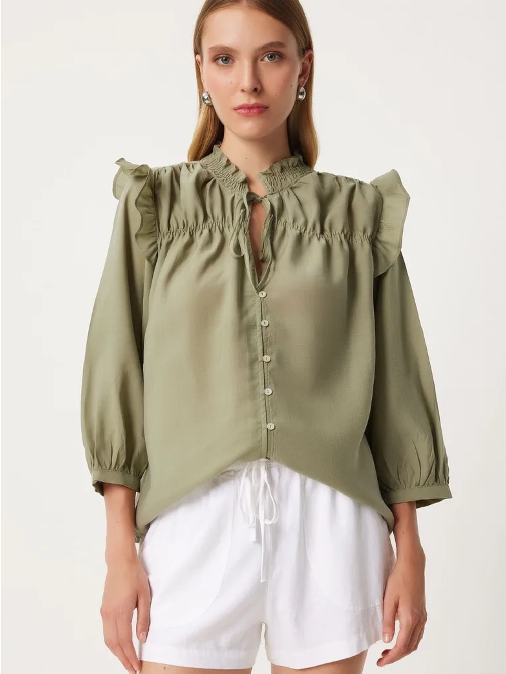 Women's Olive Sage Green Fall Winter Ruffle Yoke Button-Front Top Blouse